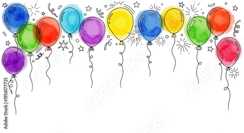 Colorful balloons on white background with confetti