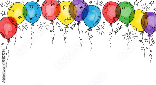 Colorful balloons and confetti on a white background for a festive celebration