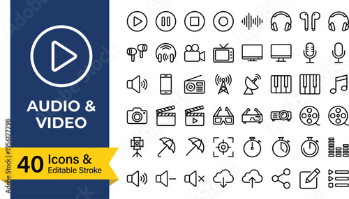 Multimedia audio and video line icon set with editable stroke featuring media player controls film and sound symbols (18 words)