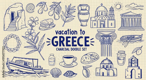Vacation to greece travel illustration with landmarks and icons