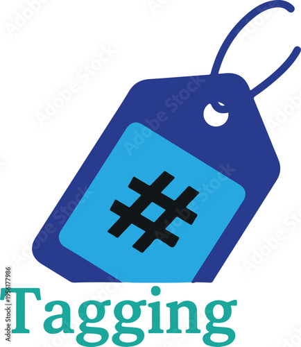 Hashtag Symbol on Blue Price Tag with 'Tagging' Text