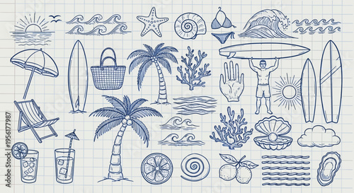 Beach vacation illustrations and icons set