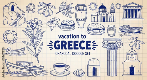 Vacation to greece travel illustration with various landmarks and icons