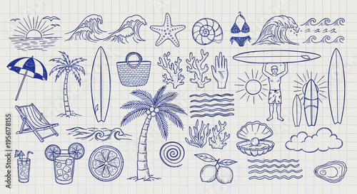 Beach vacation illustrations and icons set