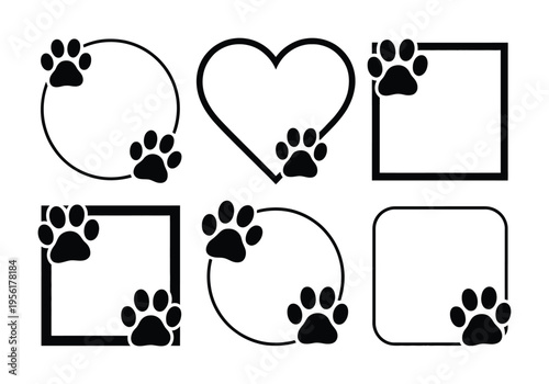 Collection of Black Paw Print Frames and Borders on White Background