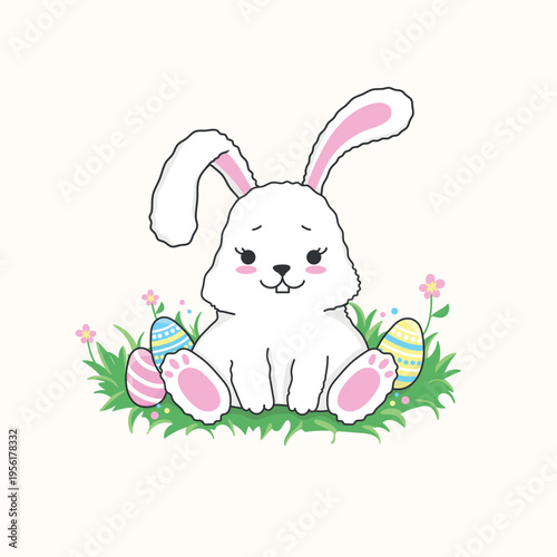 Cute Easter bunny sitting on green grass with decorated eggs, kawaii pastel rabbit spring illustration