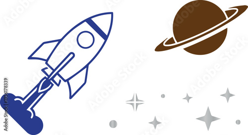 Rocket Launching Towards Saturn Ringed Planet in Space with Stars