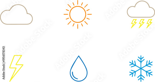 Set of Weather Icons: Sun, Cloud, Rain, Lightning, Snow, Water Drop