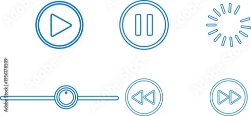 Set of blue outline media player icons on white background