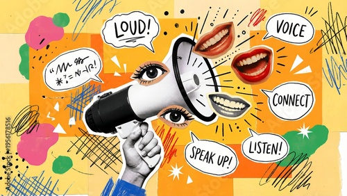 A vibrant collage illustration depicts a hand holding a stylized megaphone, actively projecting multiple voices, eyes, and speech bubbles with keywords like 'LOUD!', 'VOICE', 'CONNECT', 'LISTEN!',