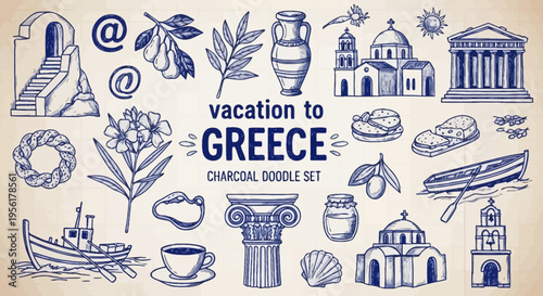 Vacation to greece travel illustration with various greek landmarks and symbols