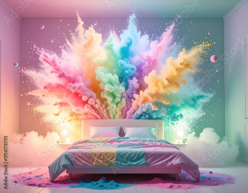 Colorful dreams exploding in a bedroom with rainbow smoke and powder	