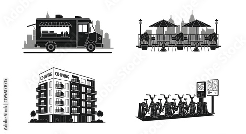 Urban city scene with food truck and co-living space