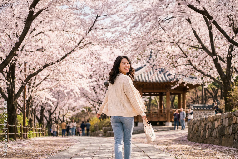 Fototapeta premium Beautiful lifestyle scene with cherry blossom길 in spring season
