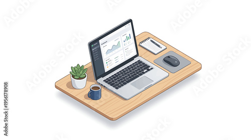 A modern office desk setup featuring a laptop displaying financial data, a notepad, a mouse, a coffee mug, and a small potted plant on a wooden surface