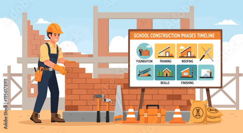 Construction worker building brick wall with project timeline.