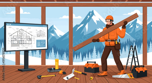 Construction worker carrying lumber in a modern building site.