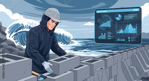 Construction worker building sea wall with data analytics.