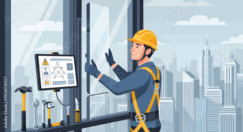 Construction worker in safety harness working on skyscraper window.