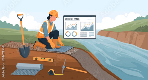 Construction worker installing erosion control measures by river bank.