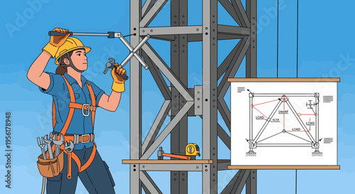 Construction worker in safety harness working on tall metal structure.