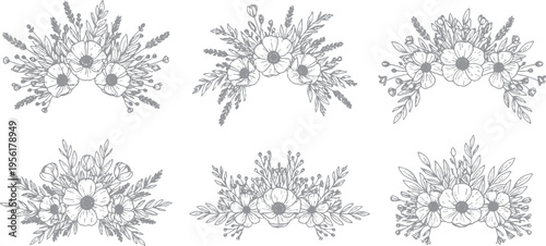 Set of six decorative floral and botanical elements in a sketched hand-drawn style, featuring poppies and foliage, black and white