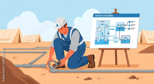 Construction worker installing pipes near diagram.