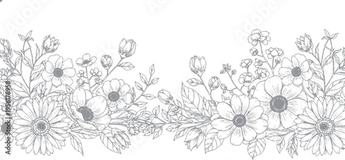 Decorative hand-drawn floral border illustration featuring poppies and assorted foliage in a sketch style with black and white