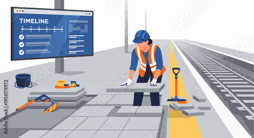 Construction worker laying tiles on a train station platform.