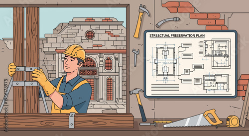 Construction worker installing window frame with tools and blueprints.