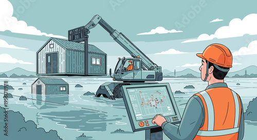 Construction worker overseeing house relocation with crane.