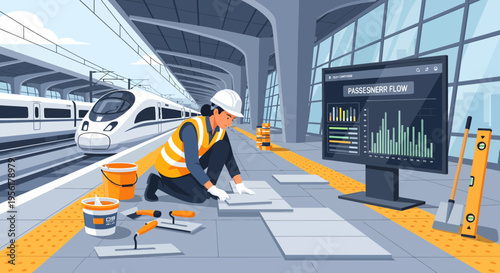 Construction worker laying tiles on train station platform.