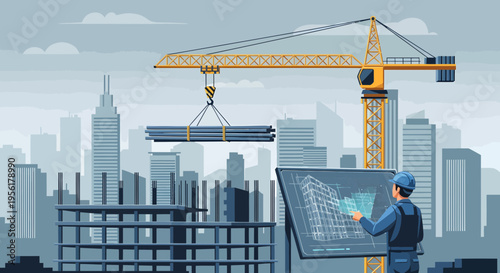 Construction Worker Overseeing Steel Beam Lift by Crane.