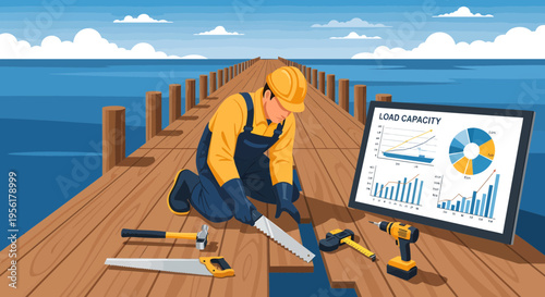 Construction worker repairing wooden pier with data analysis on screen.