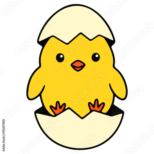A cute cartoon chick hatching from an egg in a minimalist vector illustration