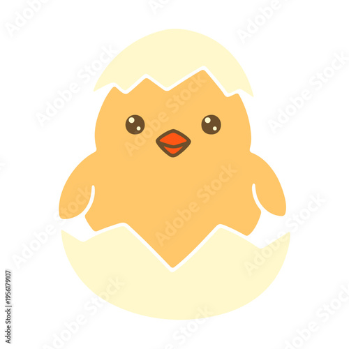 A cute cartoon chick hatching from an egg in a minimalist vector illustration