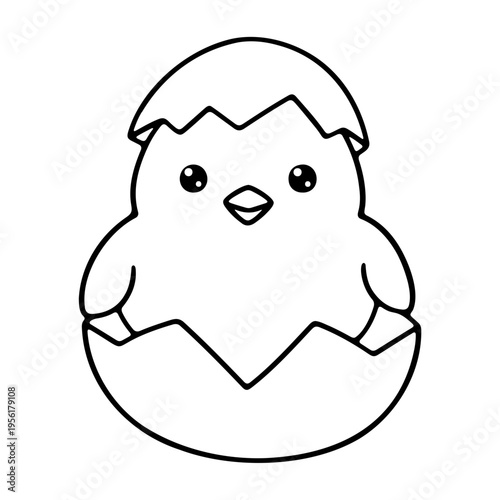 A cute cartoon chick hatching from an egg in a simple line art style