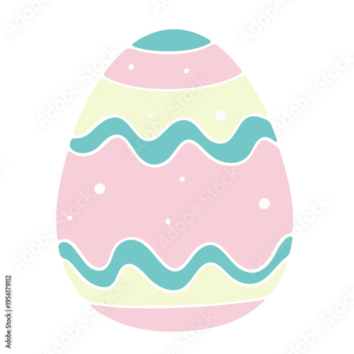 A colorful Easter egg illustration with pastel stripes and dots on a white background