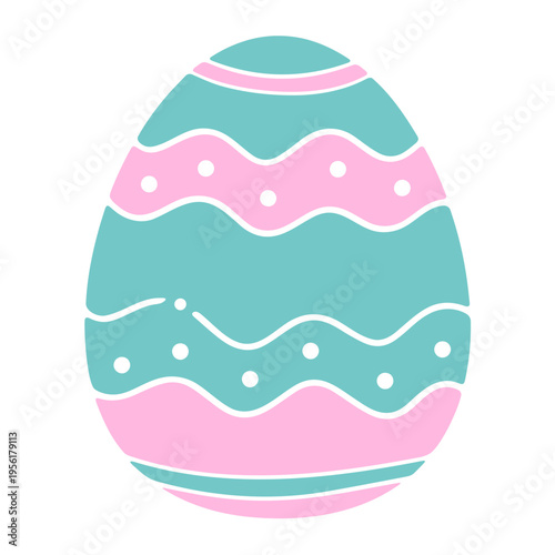 A colorful Easter egg illustration with pink and green stripes and white dots on a white background