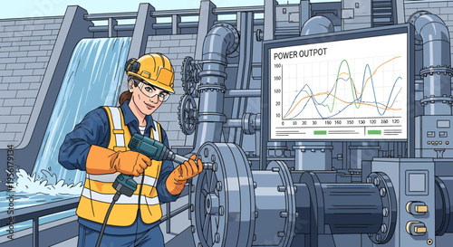 Female engineer working on hydroelectric power plant equipment.