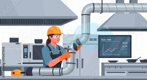 Female technician working on ventilation system in commercial kitchen.