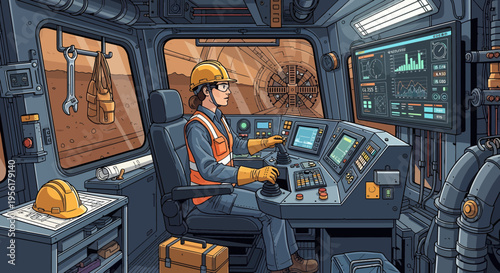 Female operator in mining vehicle controls complex machinery.