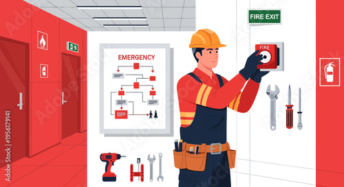 Fire safety technician installing emergency alarm system.