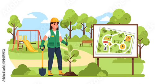 Gardener planting a tree in a park with map.