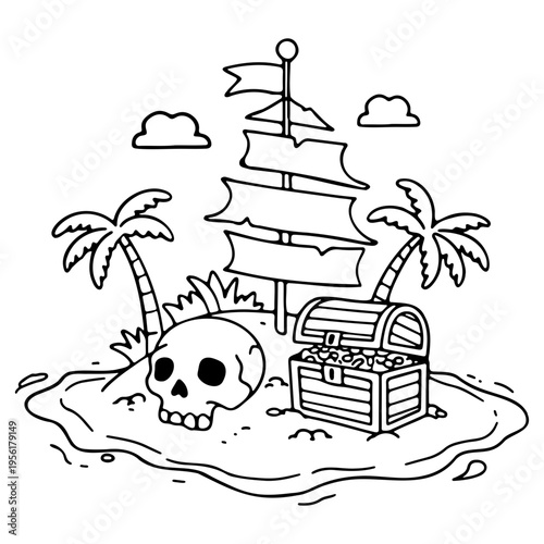 A black and white vector illustration of a pirate island with a skull, treasure chest, and ship.