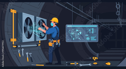 HVAC technician performing maintenance on industrial air conditioning units.