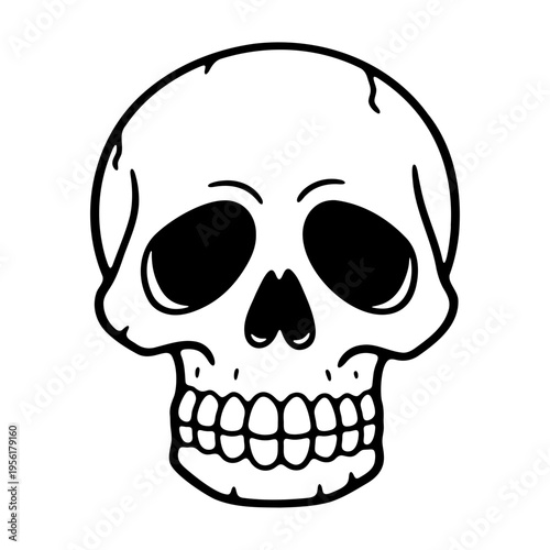A minimalist black and white skull icon with a bold line art design