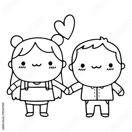 A minimalist line art illustration of a loving couple holding hands with a heart above them