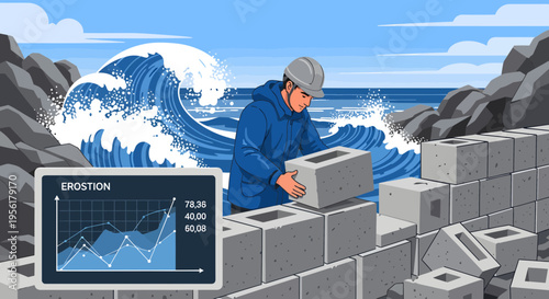 Man Building Wall Against Crashing Ocean Waves.