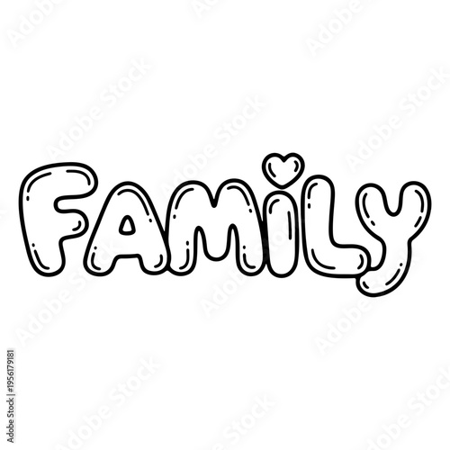 A minimalist vector graphic illustration of the word 'Family' with a heart symbol